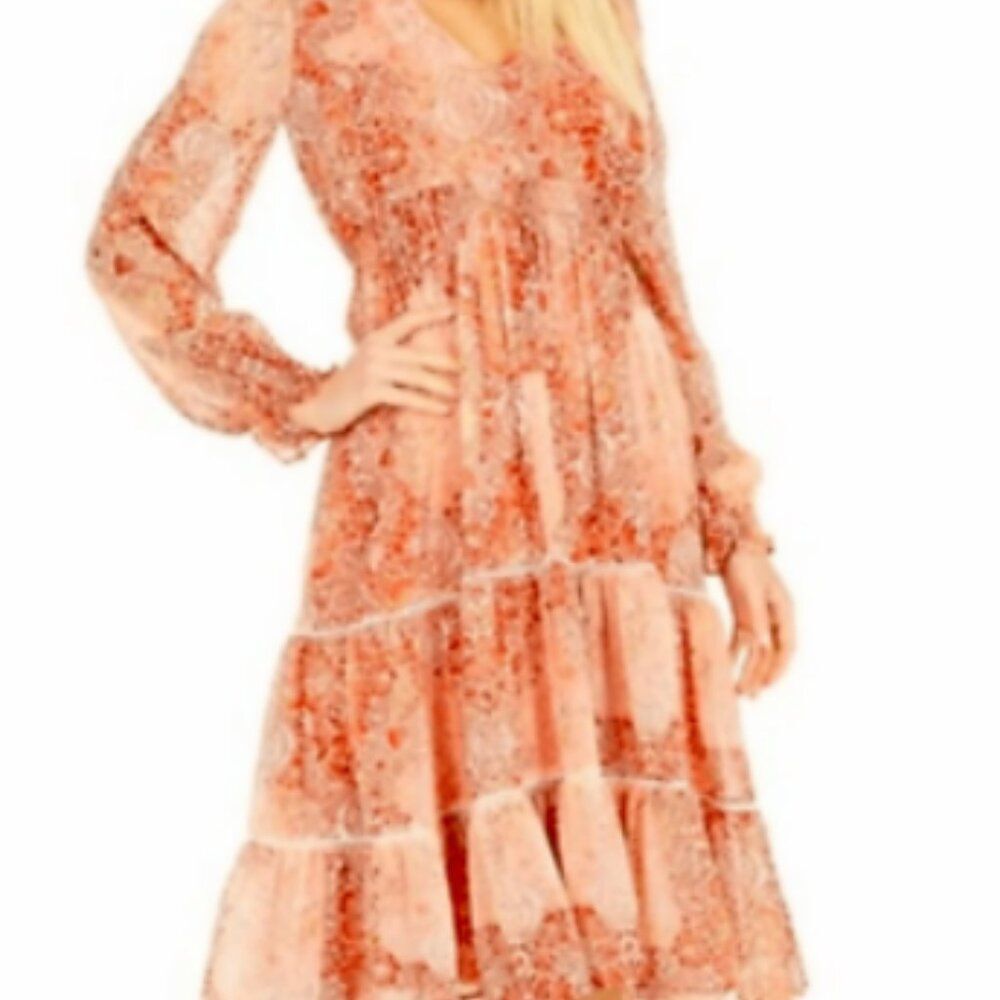 JUST…TAYLOR Orange And Cream Colored Chiffon Midi Dress Sz 10 NWOT